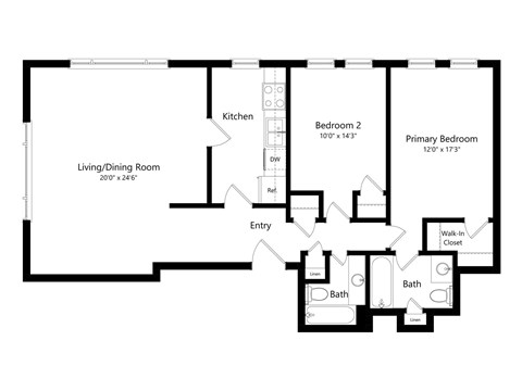 Floor plan for 2 beds, 2 baths, 1346 sqft
